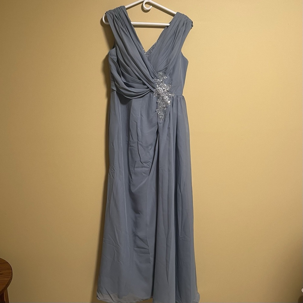 Lavetir Mother Of The Bride Dress Sz 14 Dusty Blue A-Line V-Neck Chiffon Ruched